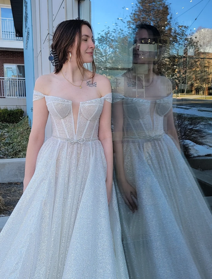 Shiny A Line Off the Shoulder Corset Sequin Wedding Dress SH7134