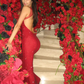 Shiny Sheath Straps Red Rhinestone Satin Open Back Prom Dress Evening Dress SH4394