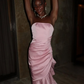 Pink Mermaid Strapless Pleated Satin Long Wedding Guest Dress Party Dress SH3308