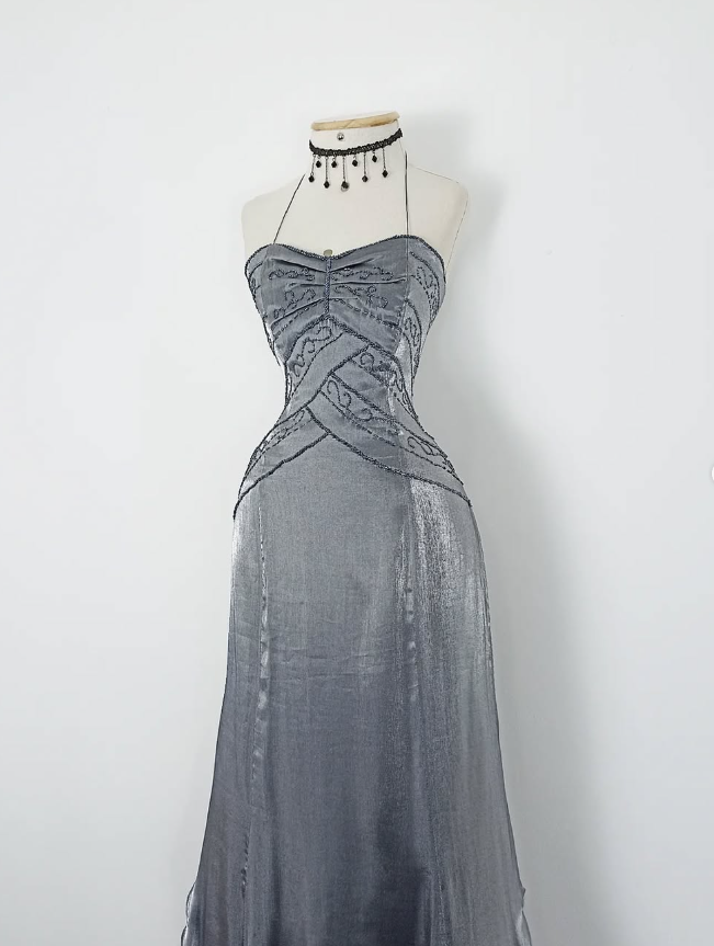 Retro A Line Spaghetti Strap Grey Beaded Satin Long Evening Dress Party Dress SH3169