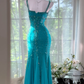 Vintage Peacock Blue Mermaid Spaghetti Strap Beaded Chiffon Prom Dress 22th Birthday Dress SH4414