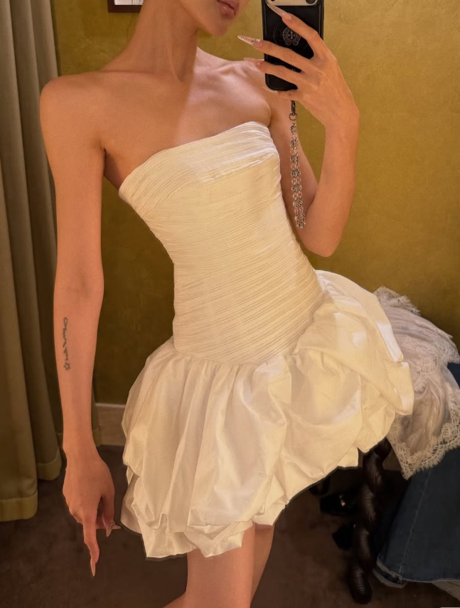Cute A Line Strapless Pleated White Satin Short Prom Dress Homecoming Dress SH8810