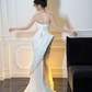 White Mermaid Strapless Floral Pleated Satin Tulle Long Prom Dress Party Dress SH4687