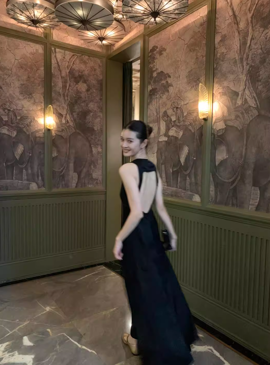 Classic Black A Line Halter Satin Open Back Prom Dress Evening Dress SH4375