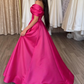 Hot Pink A Line Off the Shoulder Satin Prom Dress with Slit SH5464