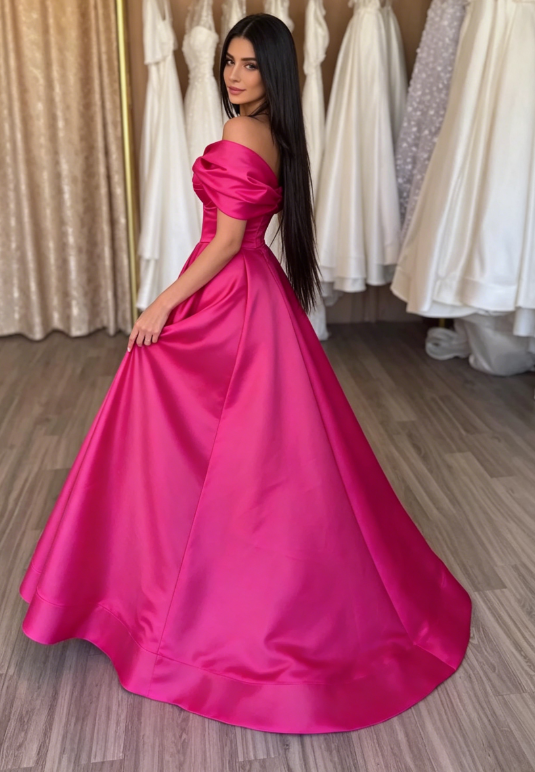 Hot Pink A Line Off the Shoulder Satin Prom Dress with Slit SH5464