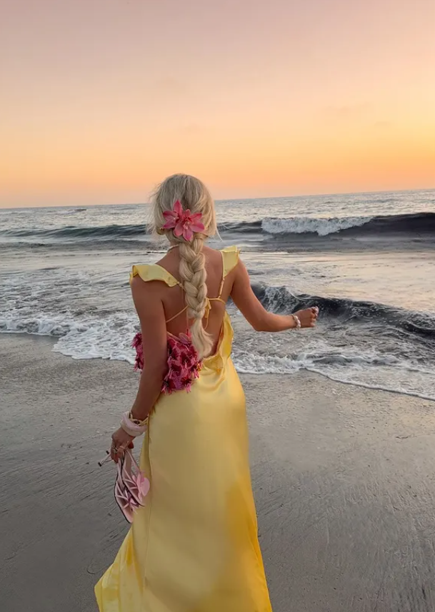 Yellow A Line Straps Satin Open Back Long Prom Dress Outfits SH4806