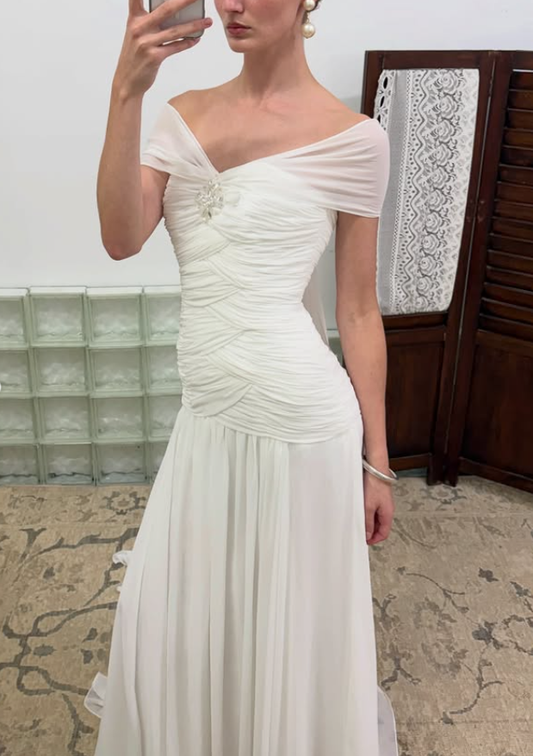Elegant A Line Off the Shoulder White Pleated Chiffon Long Wedding Dress SH5876