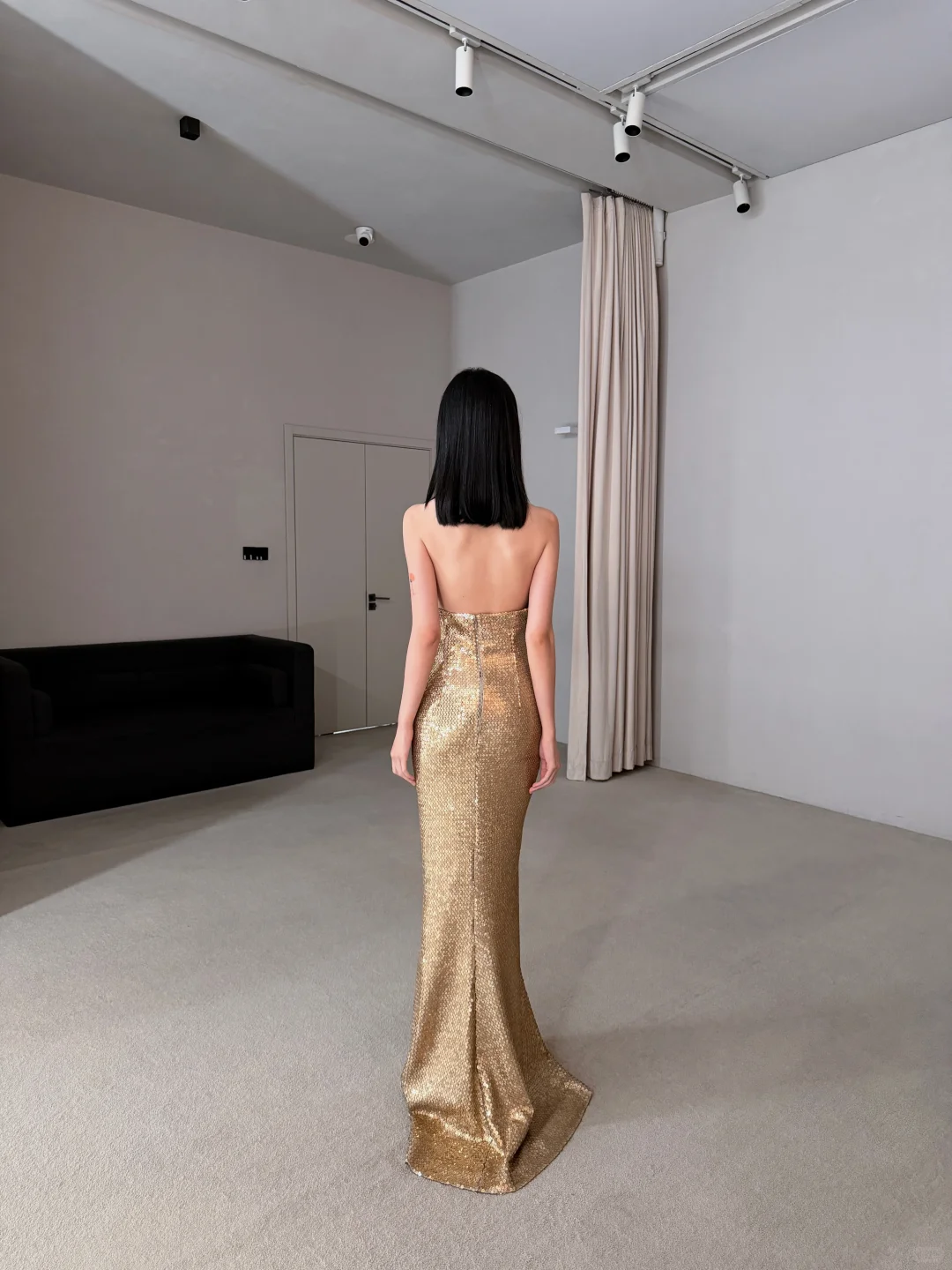 Shiny Gold Sheath Halter Sequin Long Prom Dress Wedding Guest Dress SH7712