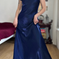 Dazzling Navy Blue A Line Straps Floral Satin Prom Dress Evening Dress Date Dress SH5638
