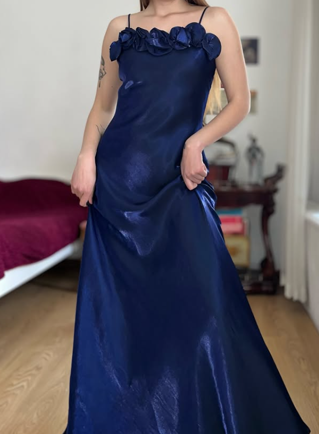 Dazzling Navy Blue A Line Straps Floral Satin Prom Dress Evening Dress Date Dress SH5638