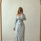 Sweety Blue Print A Line Long Sleeve Satin Prom Dress Evening Dress SH6887