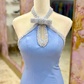 Sweety Light Blue Mermaid Pearl Satin Long Prom Dress Evening DressSH6822