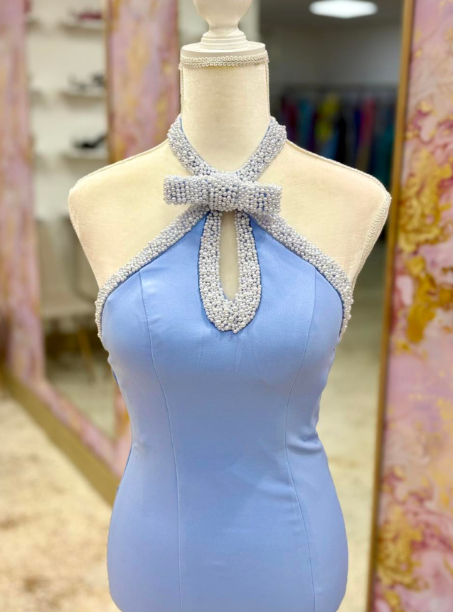 Sweety Light Blue Mermaid Pearl Satin Long Prom Dress Evening DressSH6822