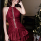 Sexy Burgundy A Line Halter Beaded Layered Satin Cocktail Dress Homecoming Dress SH6161