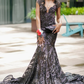 Gorgeous Mermaid V Neck Black Sequin Tulle Long Sweep Prom Dress Evening Dress SH2178
