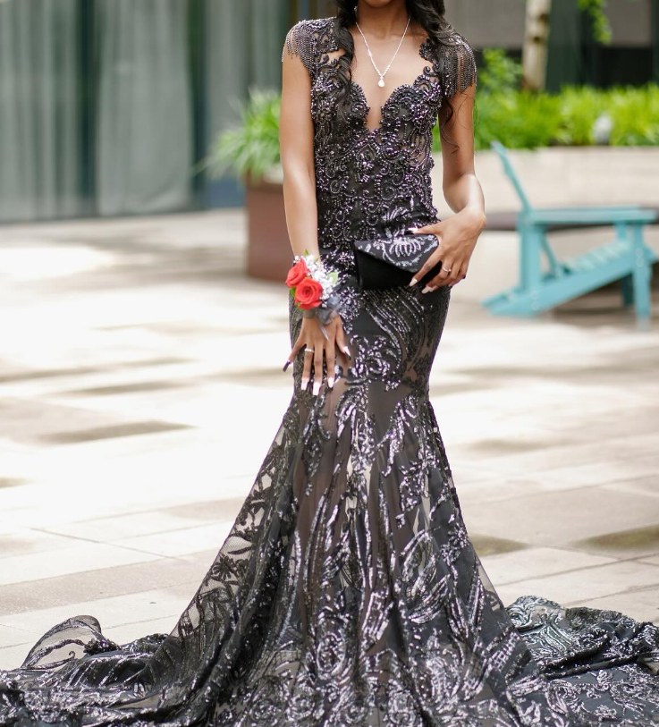 Gorgeous Mermaid V Neck Black Sequin Tulle Long Sweep Prom Dress Evening Dress SH2178