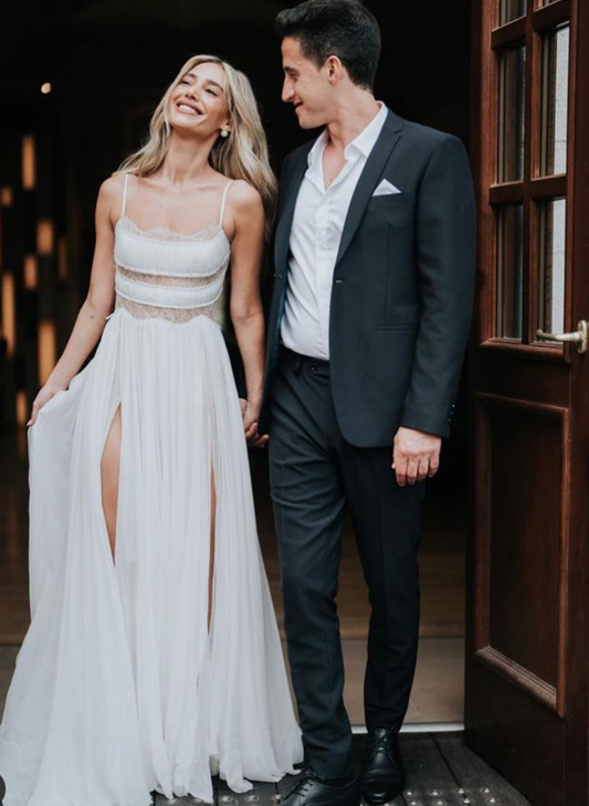 Gentle A Line Spaghetti Strap White Lace Chiffon Prom Dress Wedding Dress with Slit SH4662