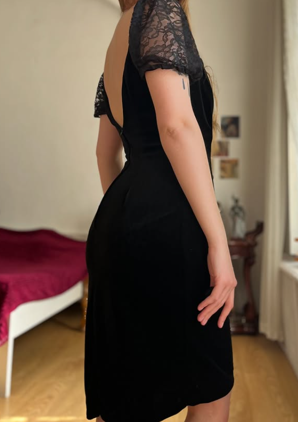 Vintage Sheath Puff Sleeve Black Velvet Knee Length Prom Dress Evening Dress SH6078