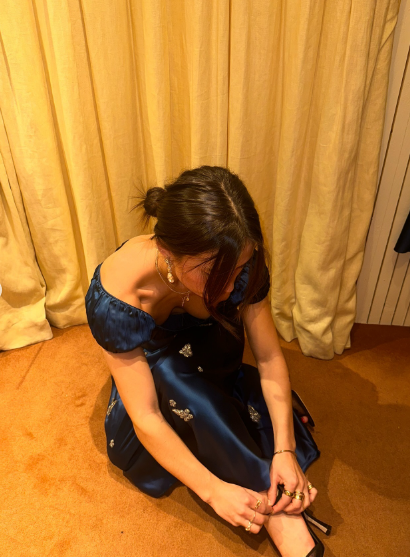 Navy Blue A Line Straps Exquisite Beaded Satin Prom Dress Evening Dress Outfits SH7254