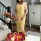 Pretty Yellow Sheath Strap Ruffle Chiffon Long Vacation Dress Outfits SH4003