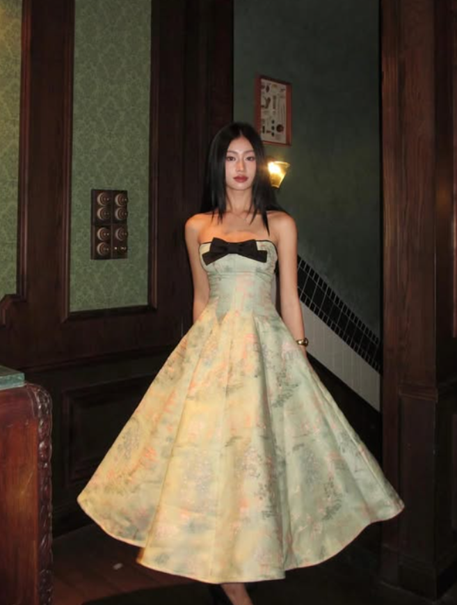 Vintage A Line Strapless Print Floral Green Satin Long Prom Dress Graduation Prom Dress SH5300