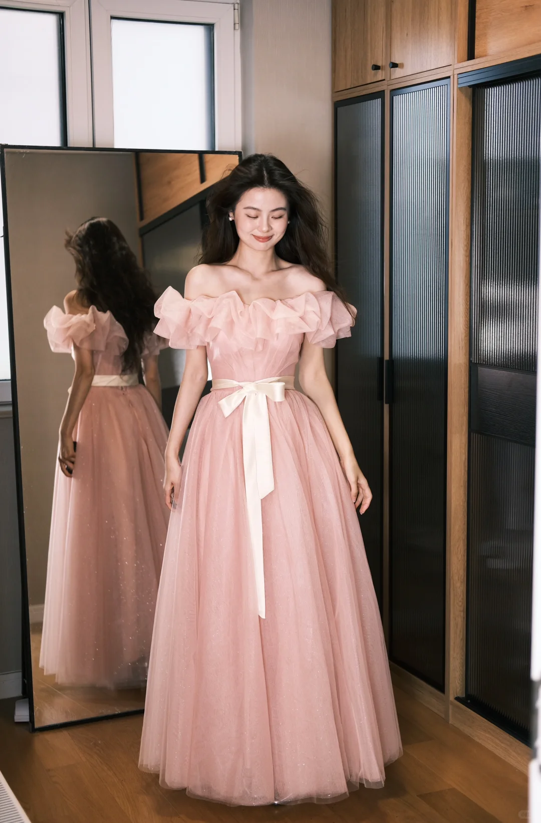 Elegant A Line Off the Shoulder Pink Tulle Long Party Dress Wedding Guest Dress SH2928