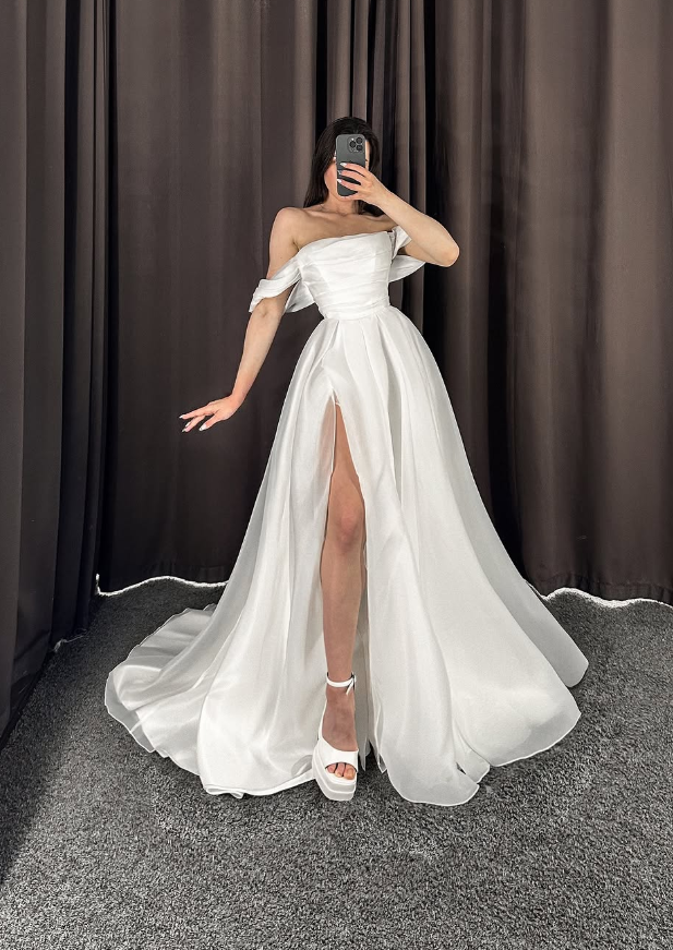 Simple A Line Off the Shoulder White Organza Wedding Dress with Slit SH6184