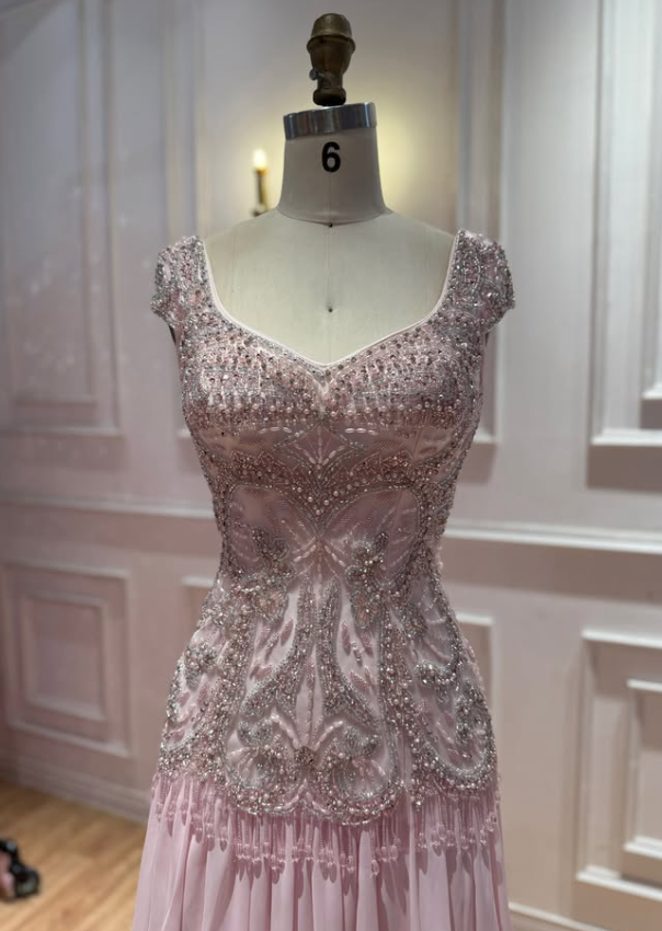 Luxurious Light Pink A Line V Neck Beaded Chiffon Long Prom Dress Evening Dress SH8950