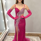 Hot Pink Sheath Straps Shiny Beaded Sequin Tulle Long Prom Dress Evening Dress SH6781