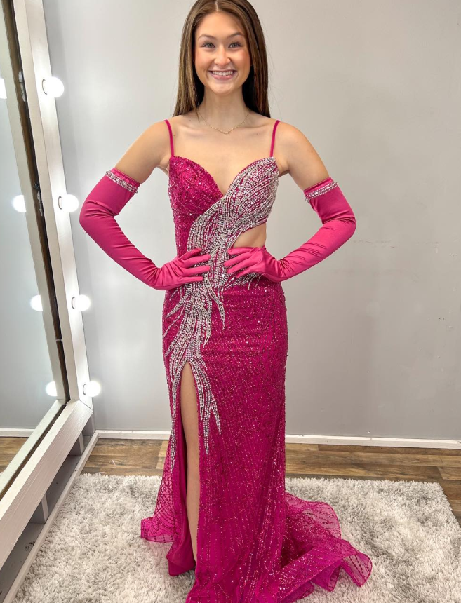Hot Pink Sheath Straps Shiny Beaded Sequin Tulle Long Prom Dress Evening Dress SH6781