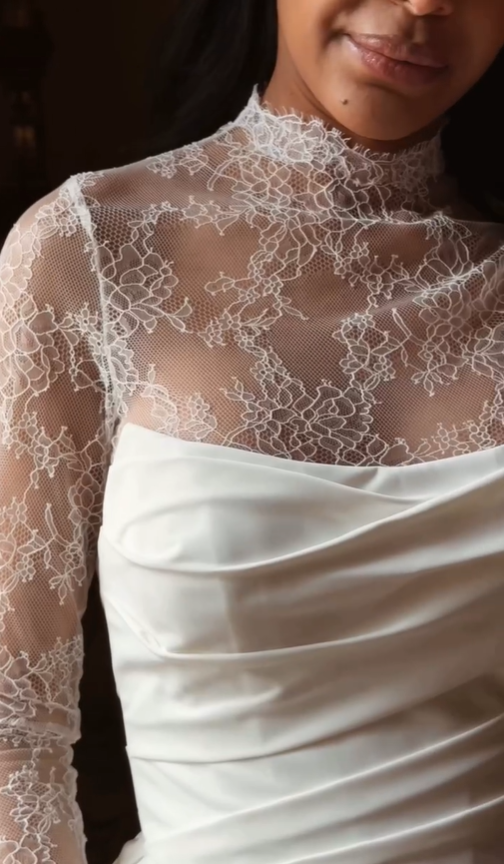 Elegant A Line High Neck Long Sleeve White Lace Satin Wedding Dress SH6022