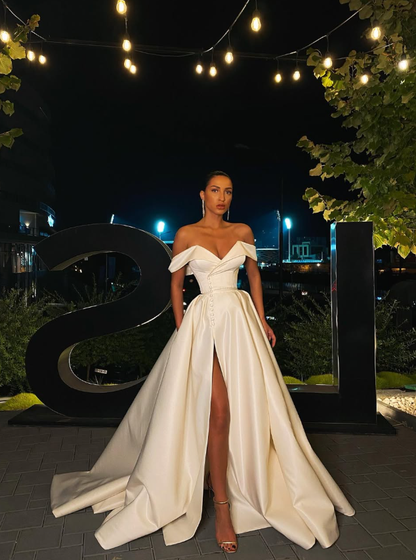Elegant A Line Off the Shoulder Ivory Satin Long Prom Dress Wedding Dress with Slit SH6114
