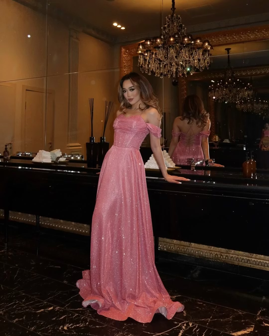 Shiny Pink A Line Off the Shoulder Sequin Prom Dress Evening Dress SH8537