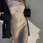 Simple A Line Spaghetti Strap Lace Satin Party Dress Wedding Guest Dress with Slit SH3901