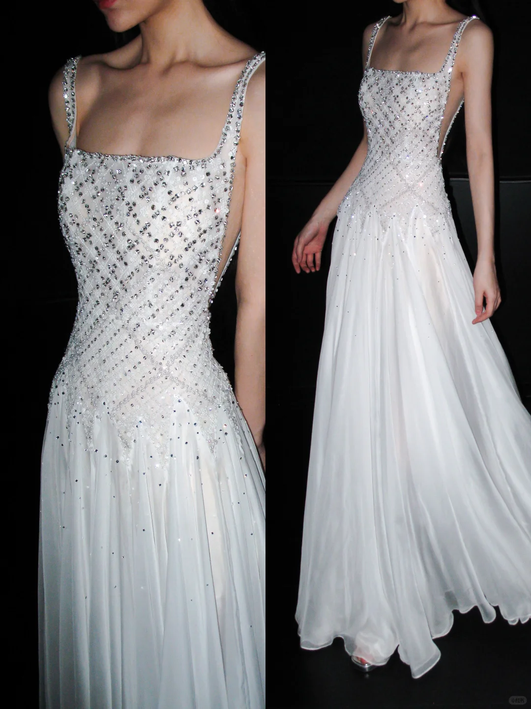 Shiny Exquisite Beaded Sequin A Line Straps White Chiffon Long Wedding Dress SH6628