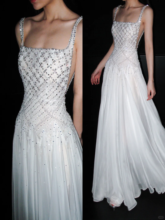 Shiny Exquisite Beaded Sequin A Line Straps White Chiffon Long Wedding Dress SH6628