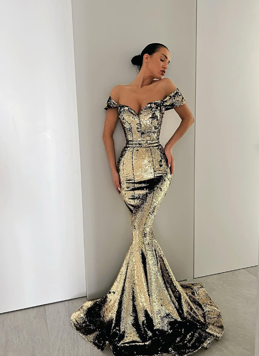 Sexy Shiny Mermaid Off the Shoulder Gold-black Sequin Prom Dress Date Dress SH5568