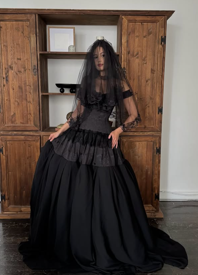 Black Ball Gown Off the Shoulder Satin Lace Prom Dress 16th Birthday Dress SH4658