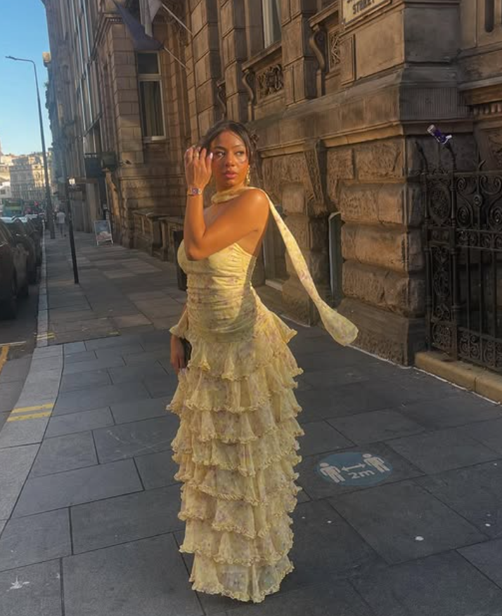 Glamorous Sleeveless Strapless Yellow Print Floral Chiffon Long Prom Dress with Ruffles SH5462