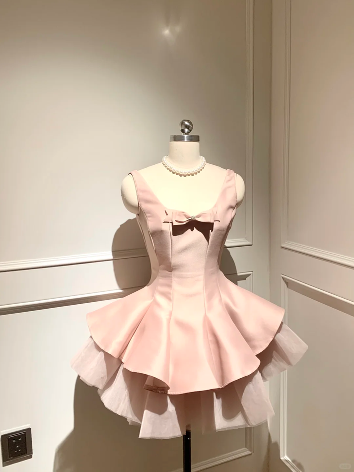 Cute A Line Straps Black Satin Short Homecoming Dresses with Bow VK24112205 main image 0