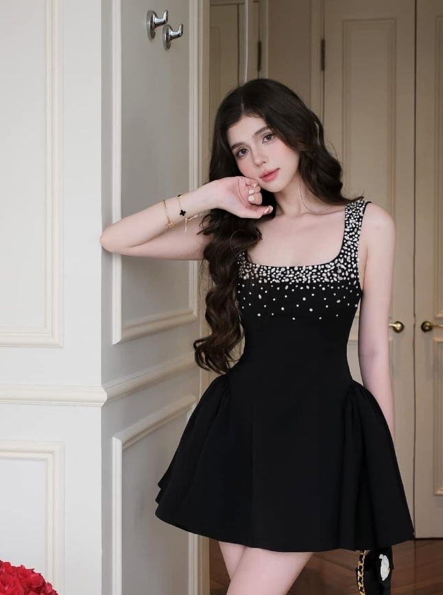 black satin dress with diamond straps Satin Chic: Little Black Dress with Dazzling Rhinestone Chain Straps for evening, party, Christmas, New Year celebration, gift for her