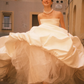 Simple Classic Ball Gown Strapless White Satin Tulle Long Wedding Dress  SH5099