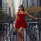 Stunning A Line Strap Red Satin Open Back Short Homecoming Dress Party Dress SH3027