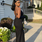 Simple Black Mermaid Evening Dresses，Long Backless Prom Dresses SH848
