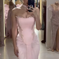 Light Pink Sheath Strapless Lace Chiffon Prom Dress SH4793