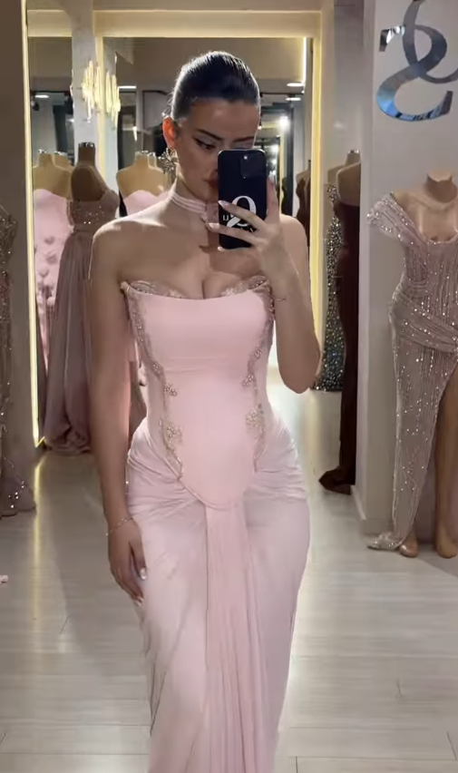 Light Pink Sheath Strapless Lace Chiffon Prom Dress SH4793