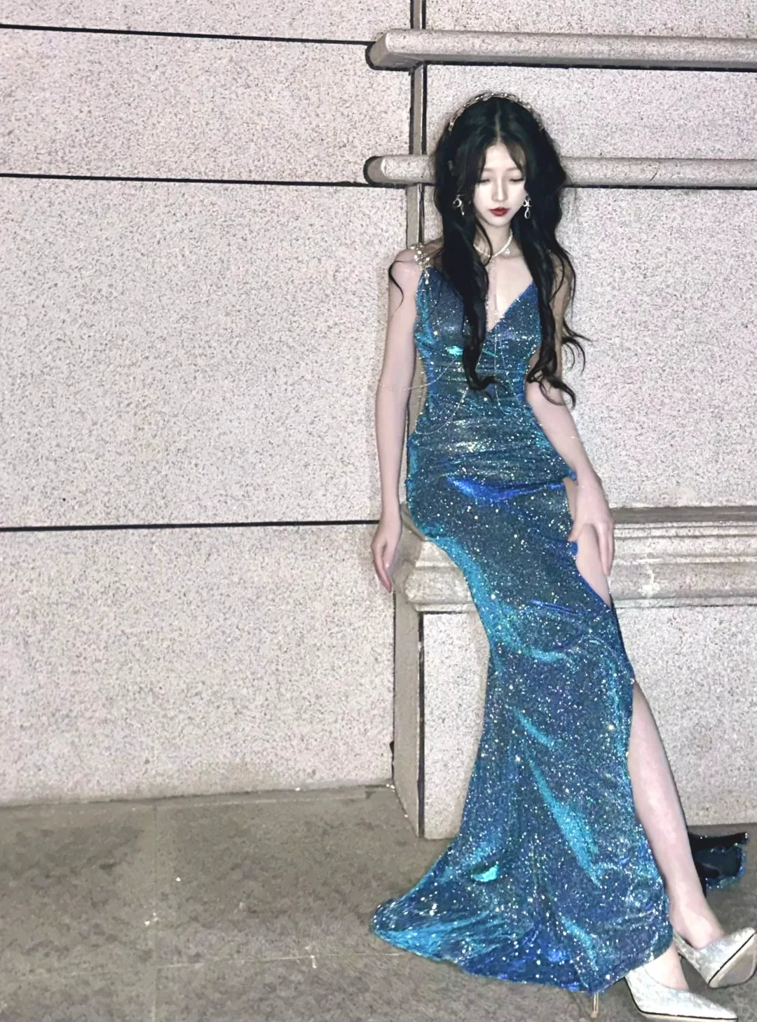 Shiny Blue Mermaid Straps Beaded Sequin Graduation Ball Gown 18th Birthday Dress SH4988