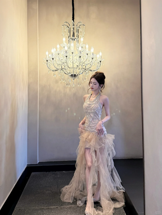 Exquisite Gorgeous A Line Halter Rhinestone Tulle Prom Dress Evening Dress Formal Gown SH3929