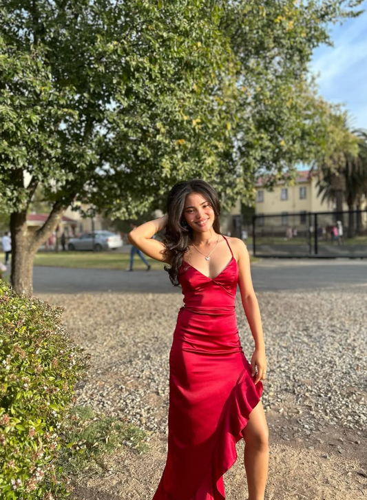 Burgundy Sheath Spaghetti Strap Ruffle Satin Open Back Prom Dress Party Dress SH4014